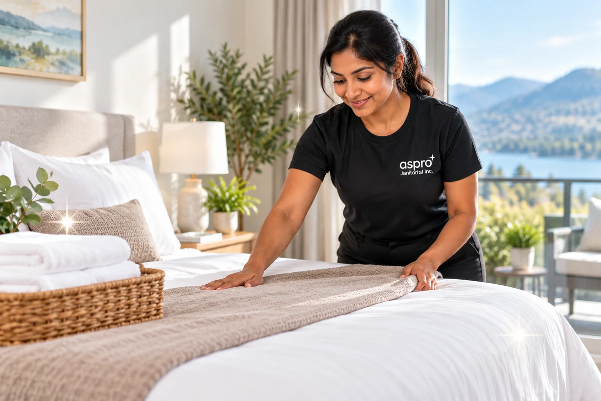 Airbnb bedroom made up with crisp white linens and fresh towels