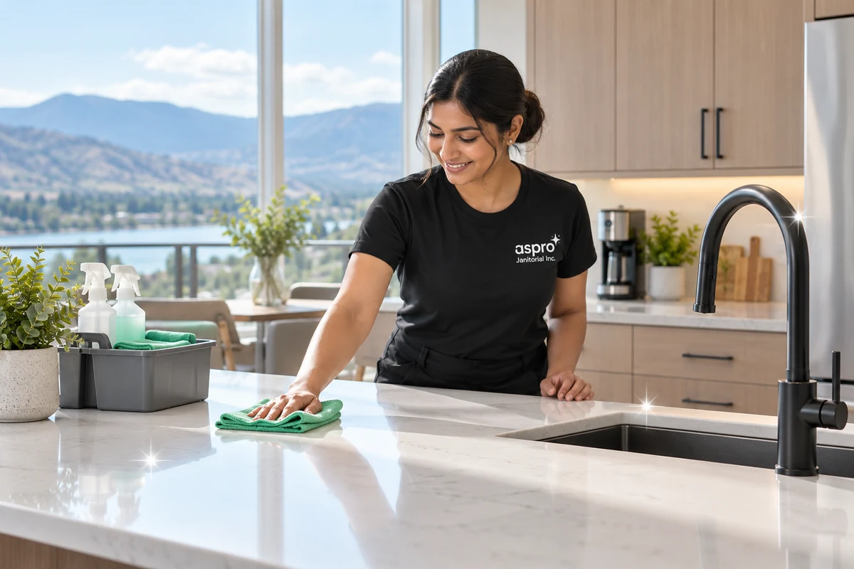 Cleaner wiping the counter in a vacation rental kitchen in Kamloops