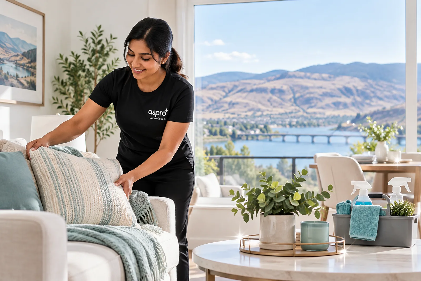 Cleaner preparing a Kamloops Airbnb living room for the next guests