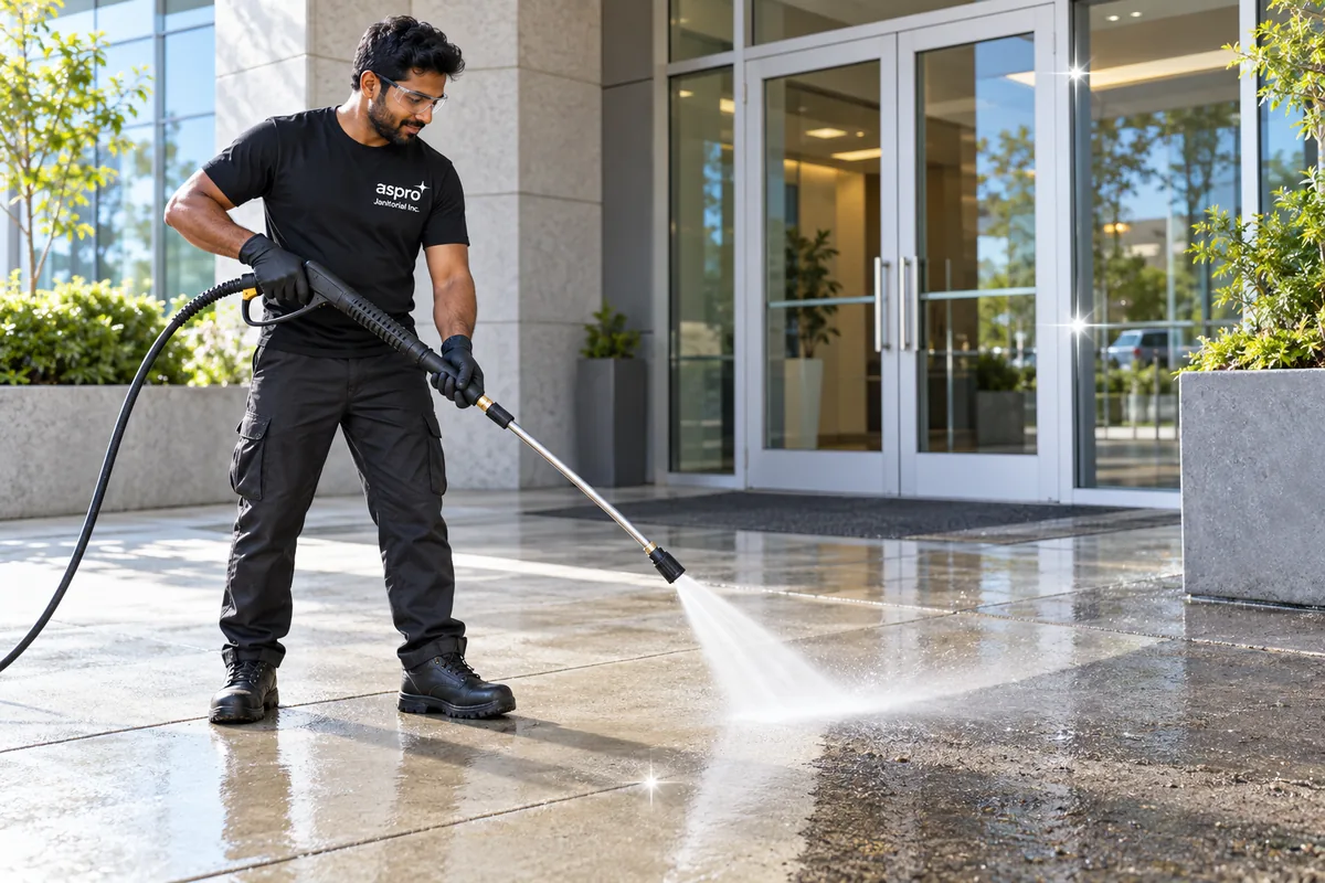 Pressure washing a building entrance with a clean strip beside dirty concrete