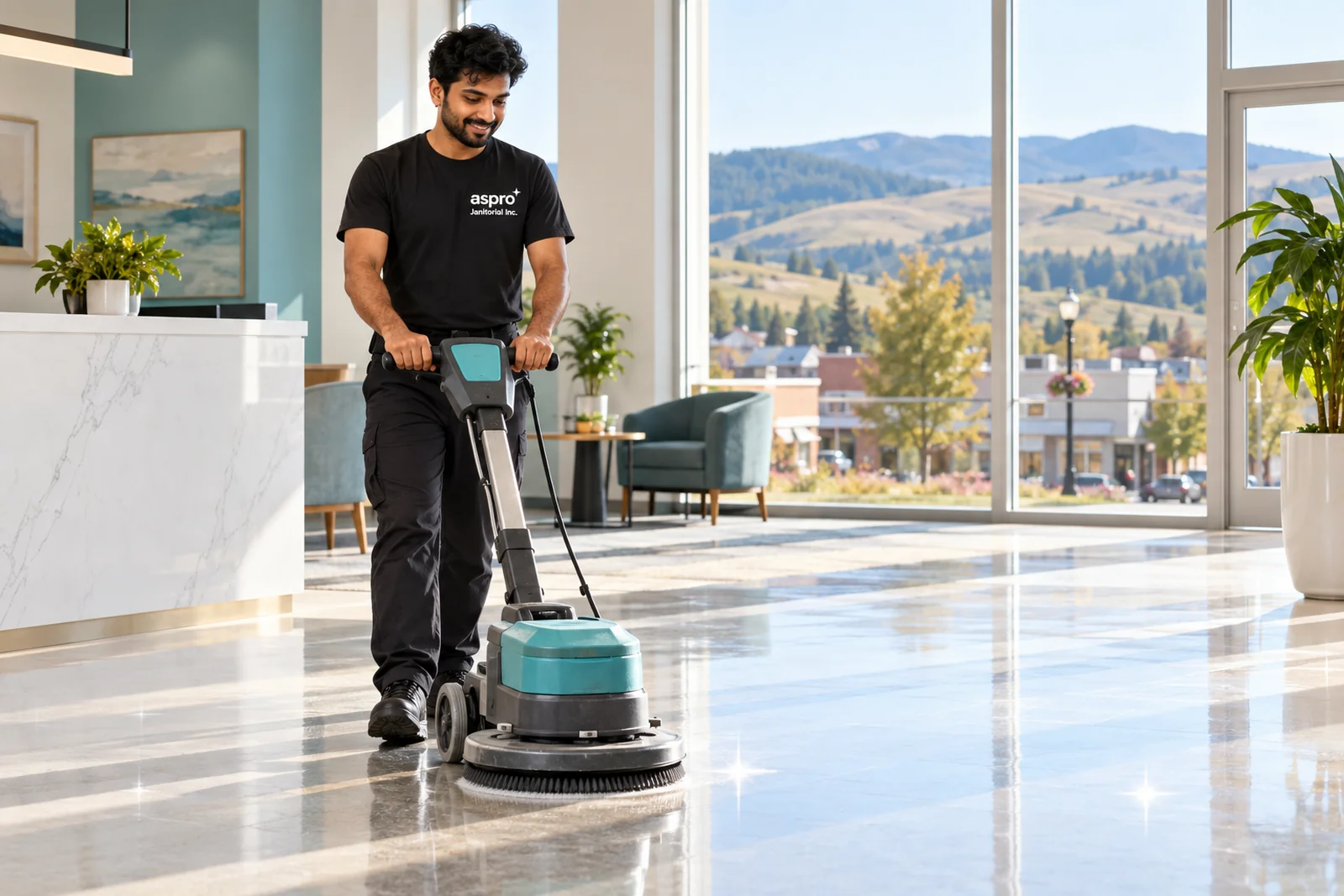 Cleaner polishing the floor of a small commercial building in Merritt, BC