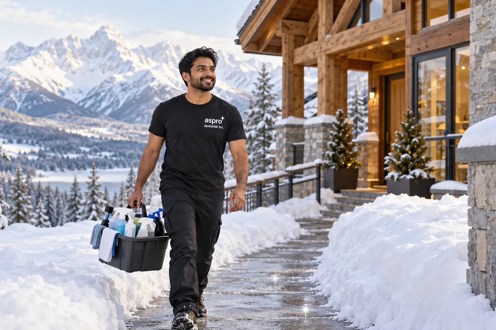 Cleaner carrying supplies to a snowy mountain chalet in Revelstoke, BC