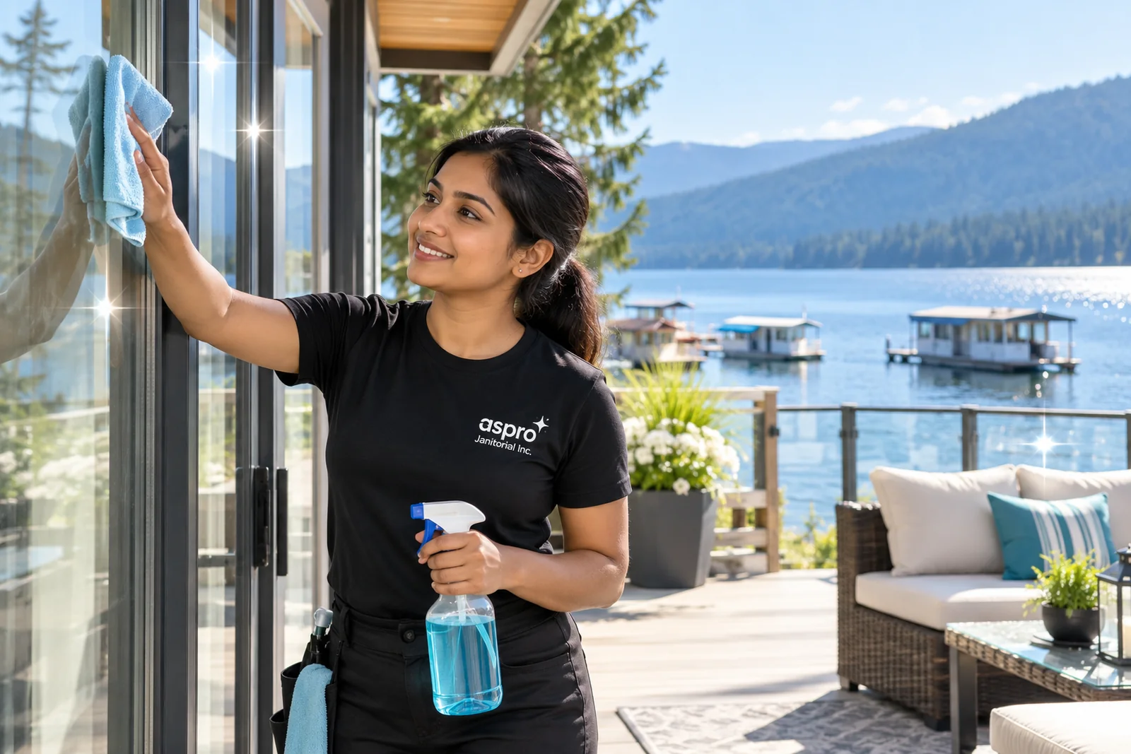 Cleaner washing sliding glass doors at a Shuswap Lake cottage near Salmon Arm