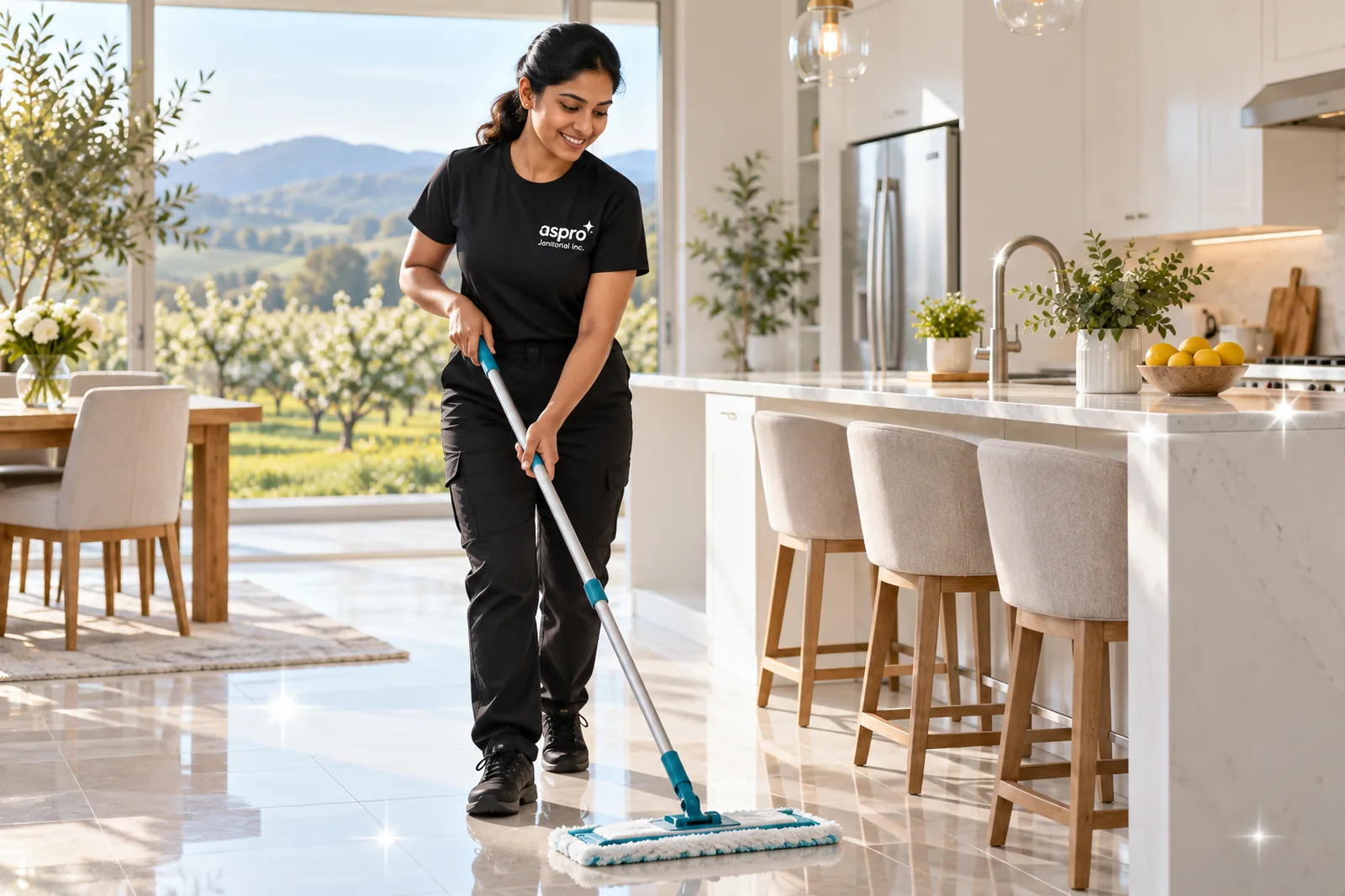 Cleaner mopping a bright family kitchen in Vernon, BC