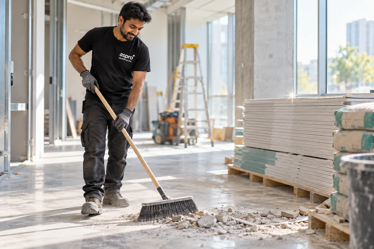 Cleaner sweeping up construction debris on a building site