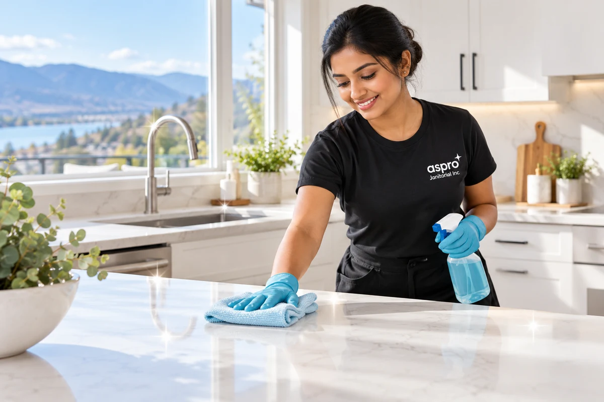 House cleaner wiping a quartz kitchen island in Kamloops