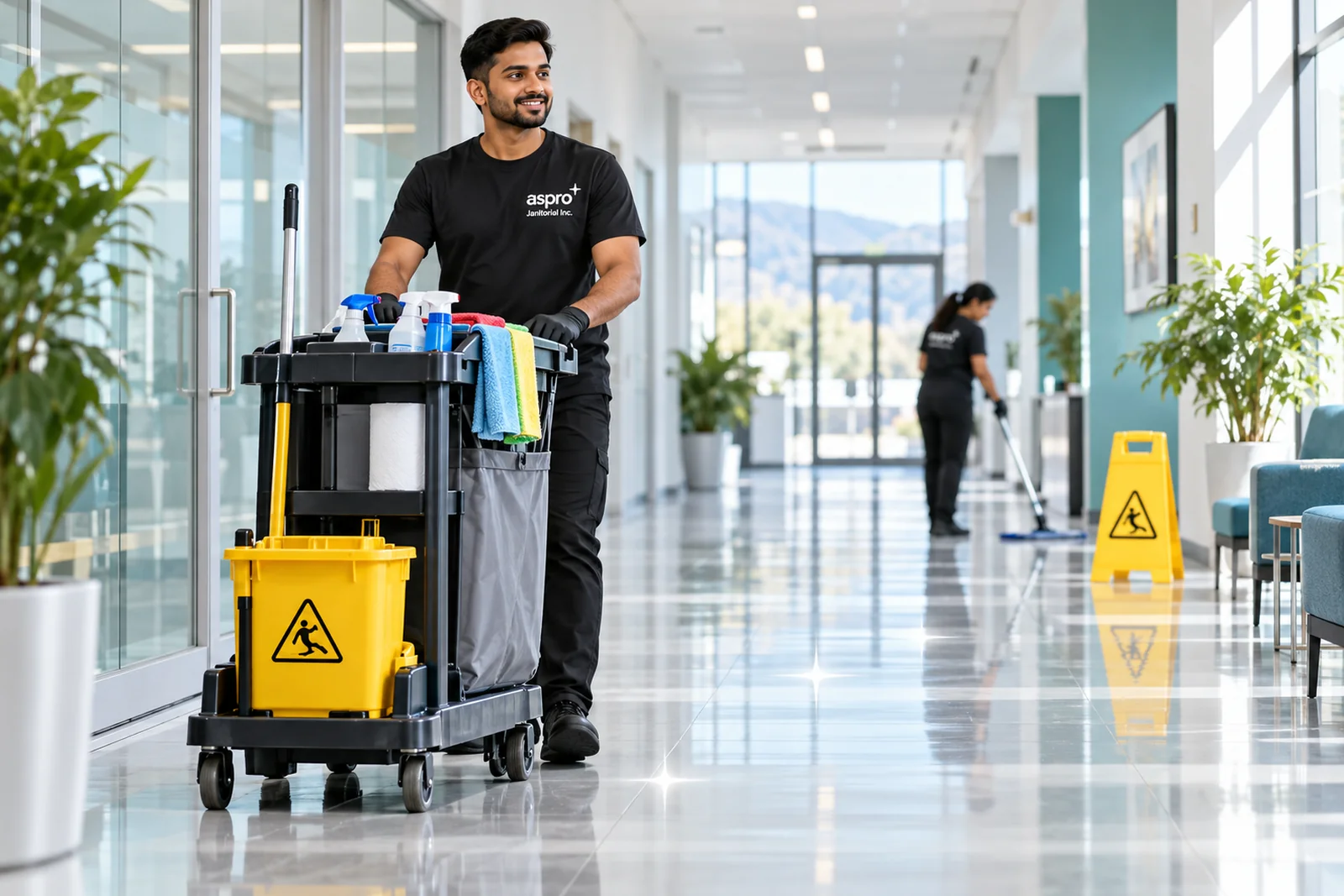 Janitor pushing a cleaning cart down a commercial corridor in Kamloops