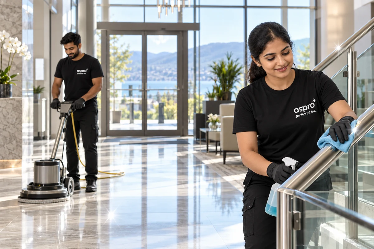 Cleaner polishing the lobby of a Kelowna condo building