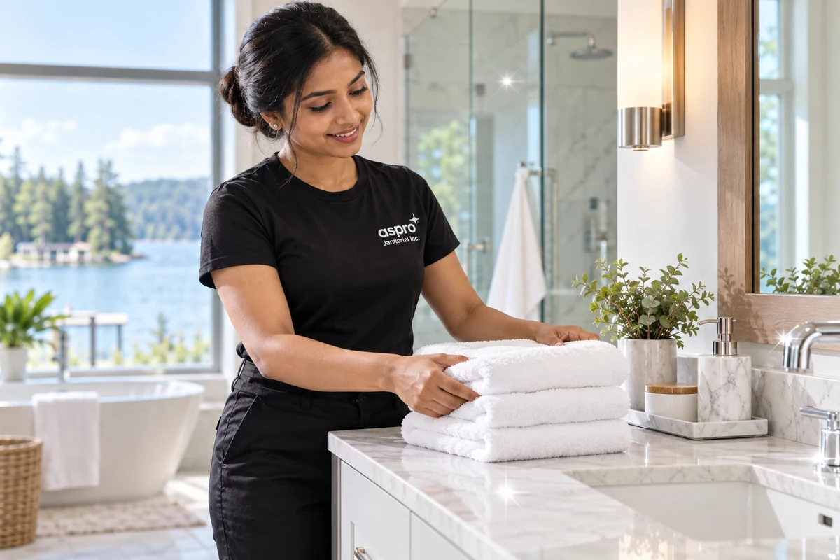 Fresh towels set in a lakeside vacation rental bathroom in Kelowna