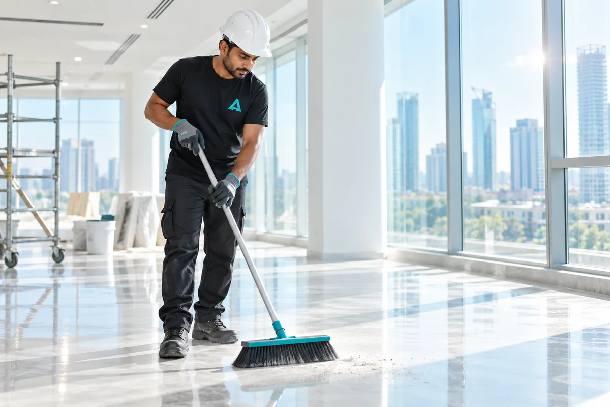 Cleaner sweeping a newly built commercial unit in Merritt