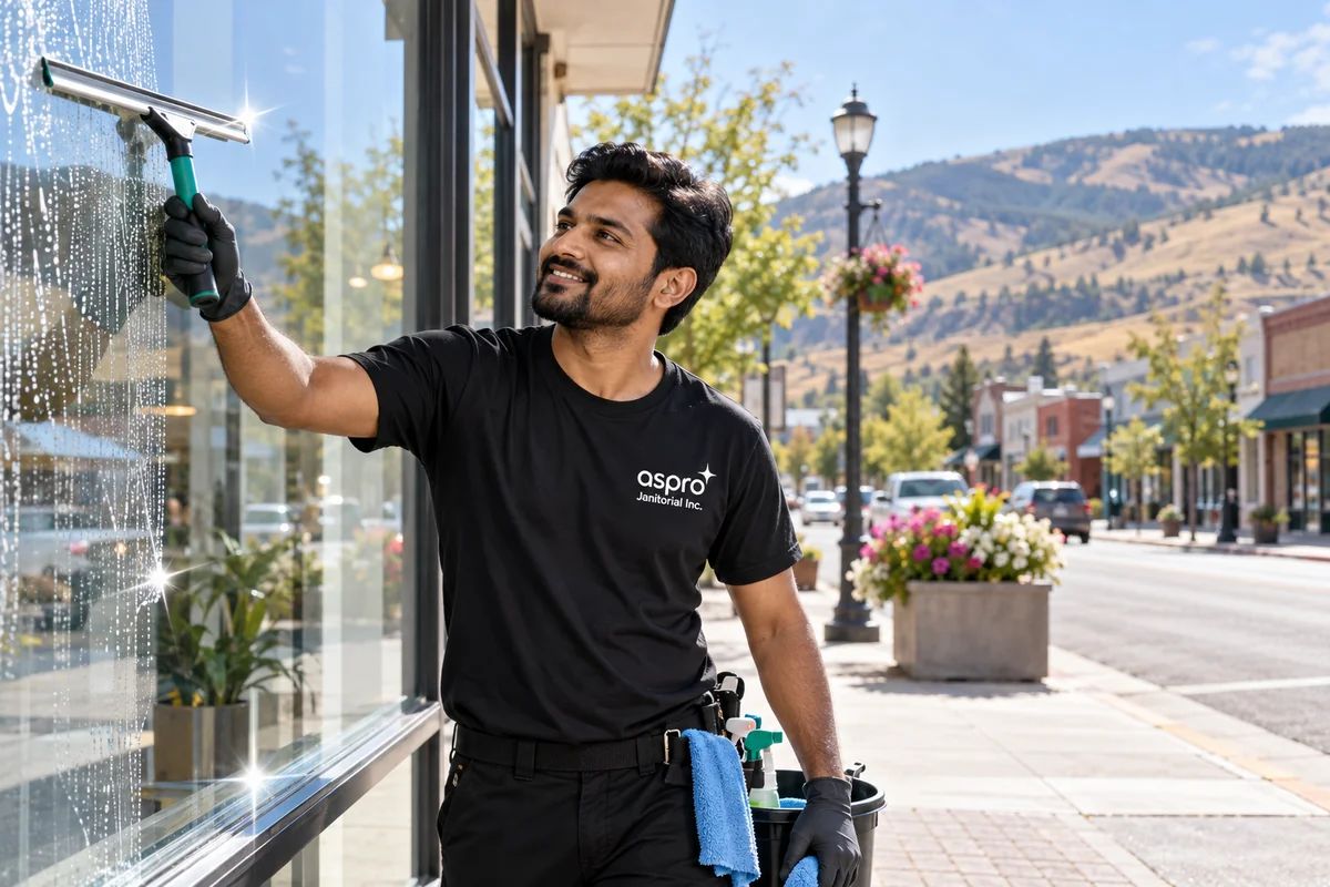 Cleaner squeegeeing a storefront window in Merritt, BC
