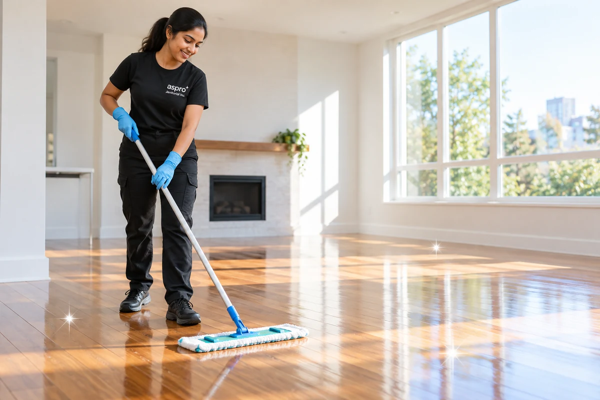 Cleaner mopping hardwood floors in an empty home before move-in