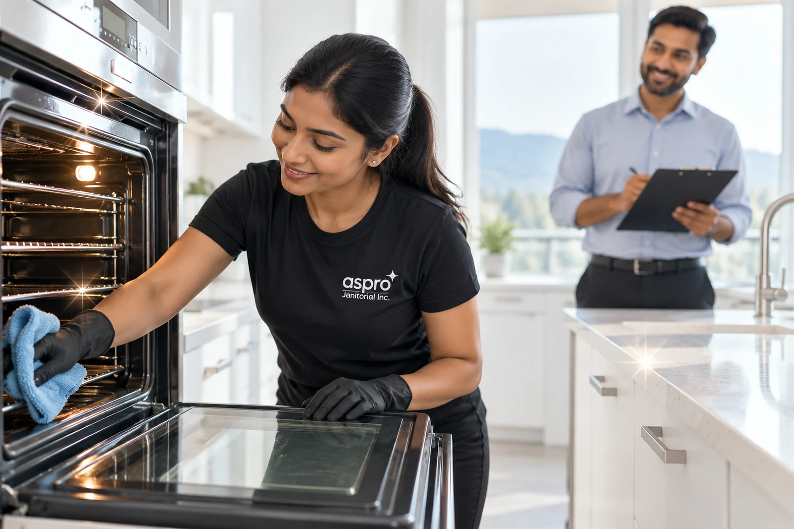 Cleaner scrubbing an oven during move-out cleaning in Kamloops