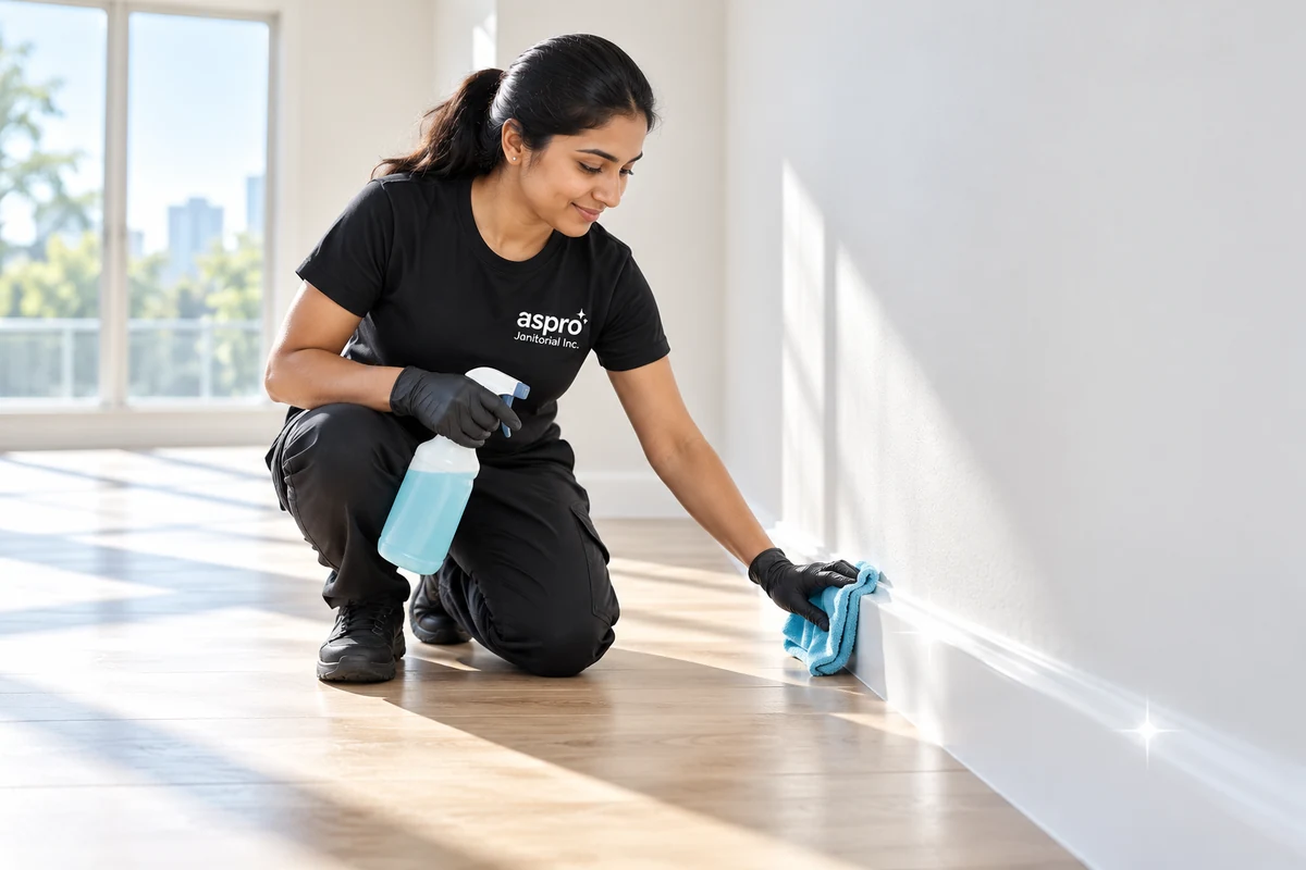 Cleaner wiping baseboards and walls in an empty rental
