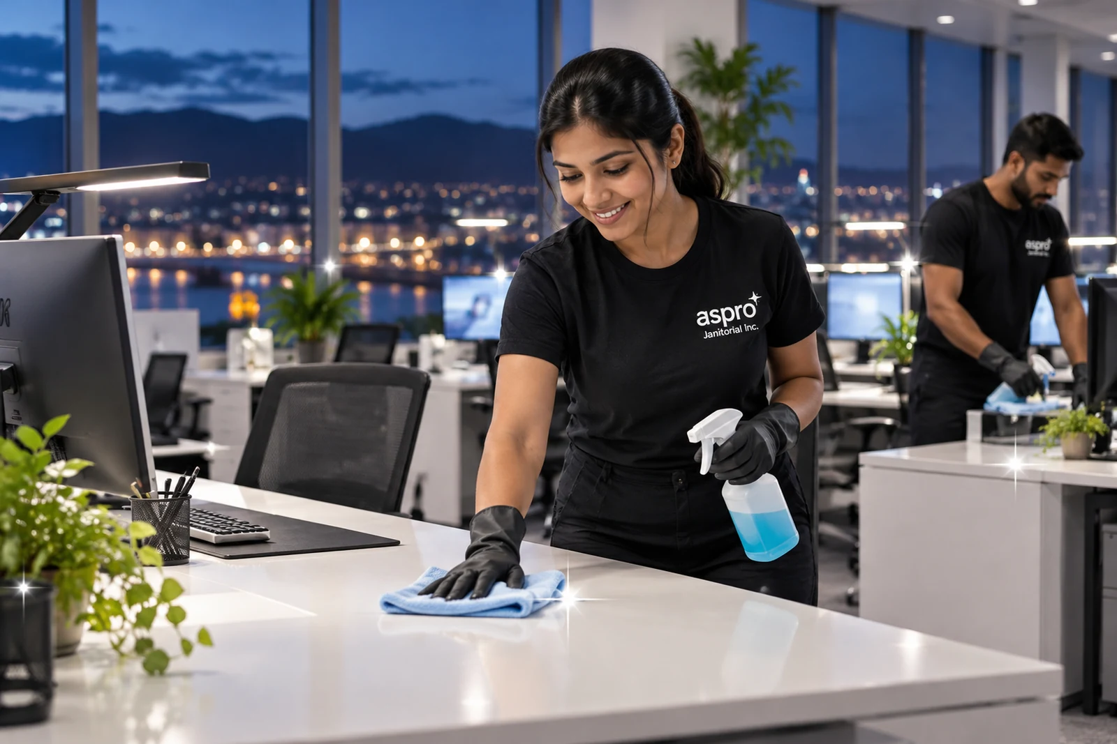 Cleaner wiping desks in an open-plan Kamloops office after hours