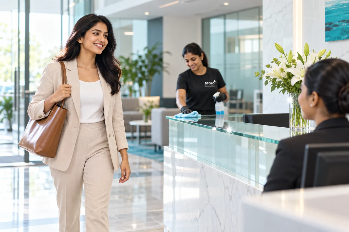 Clean office reception area with a polished floor and glass desk
