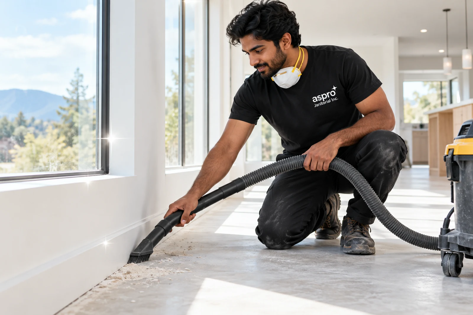 Cleaner vacuuming drywall dust from baseboards in a newly built home