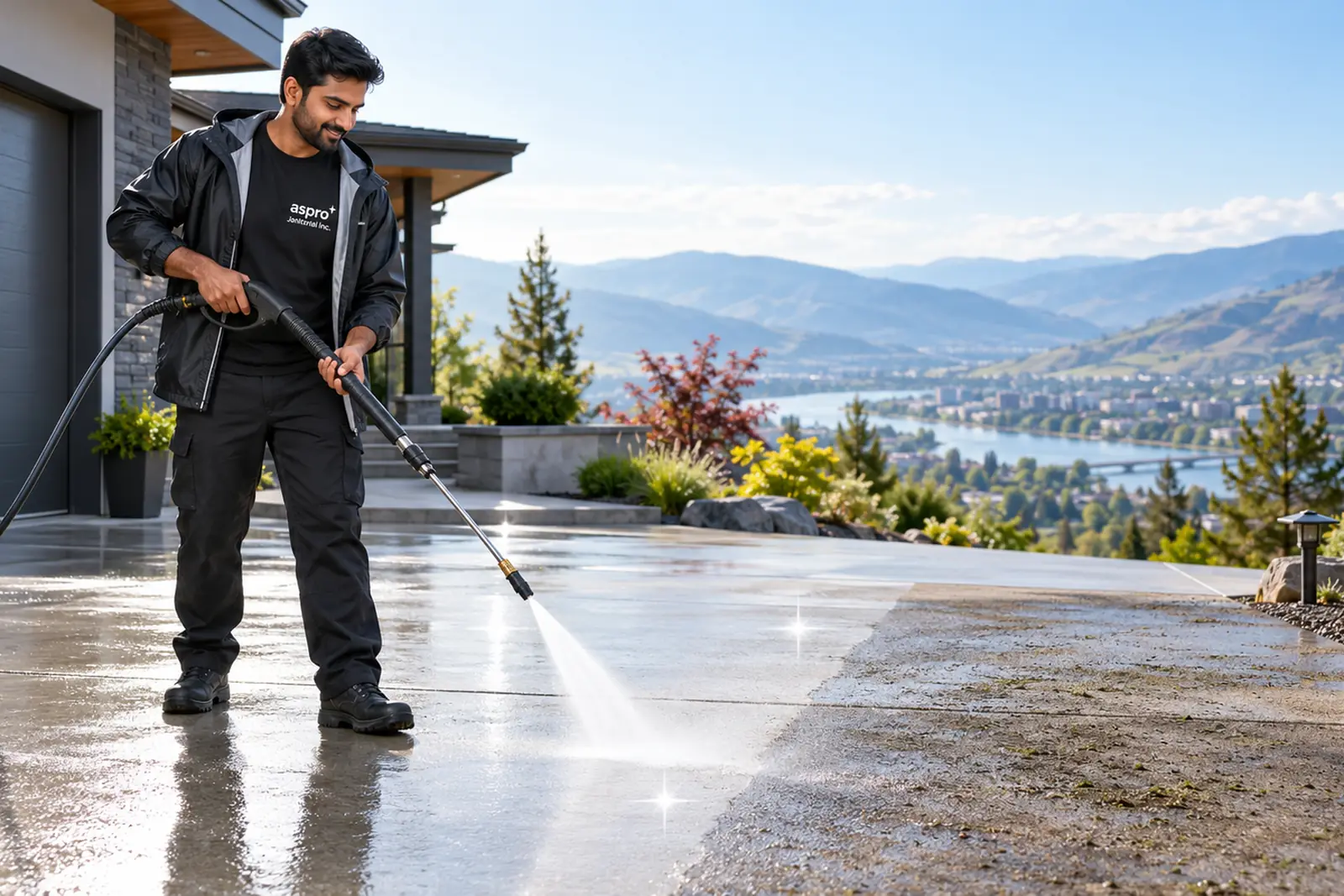 Pressure washing a grimy concrete driveway in Kamloops