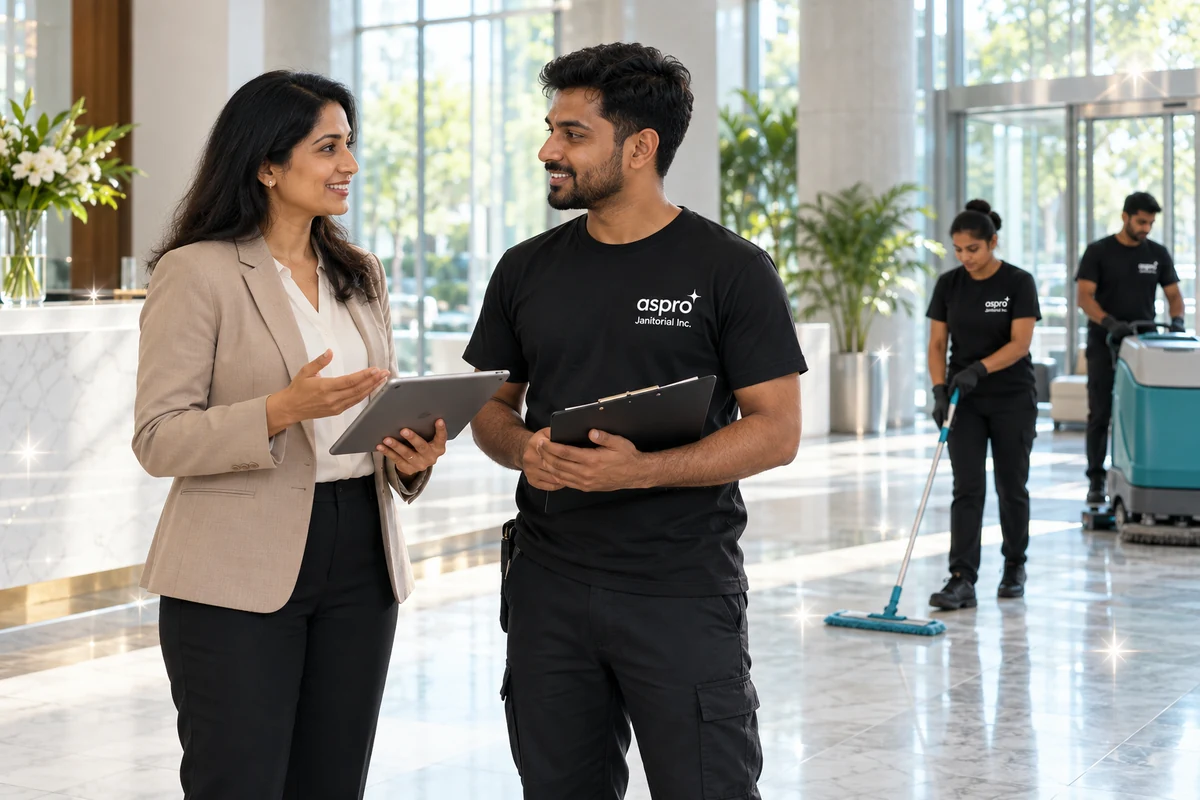 Property manager meeting a cleaning team lead in a building lobby