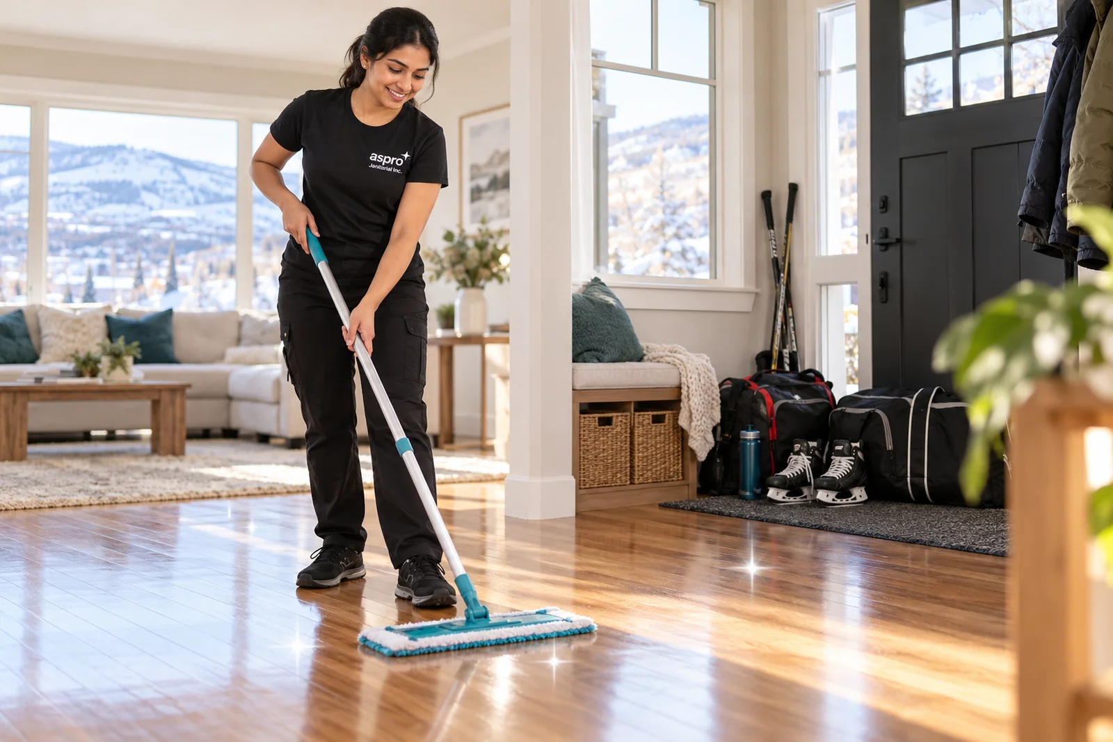 Cleaner mopping the hardwood floor of a Kamloops family home