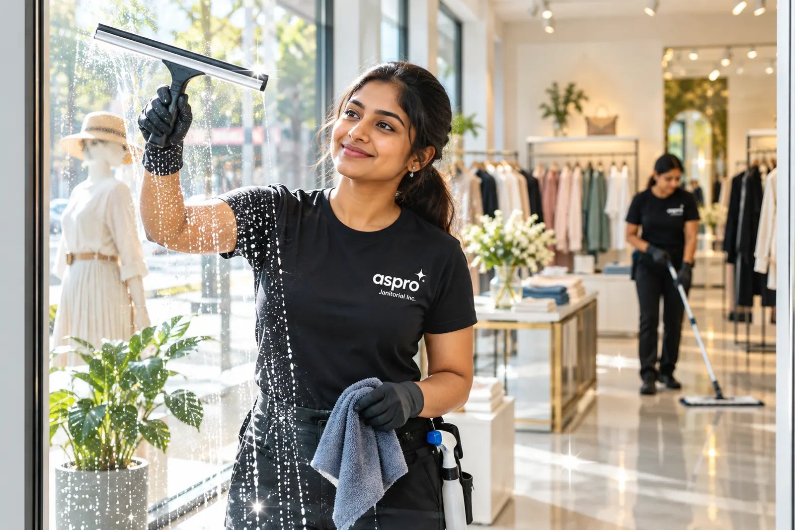 Cleaner squeegeeing a boutique storefront window in Kamloops