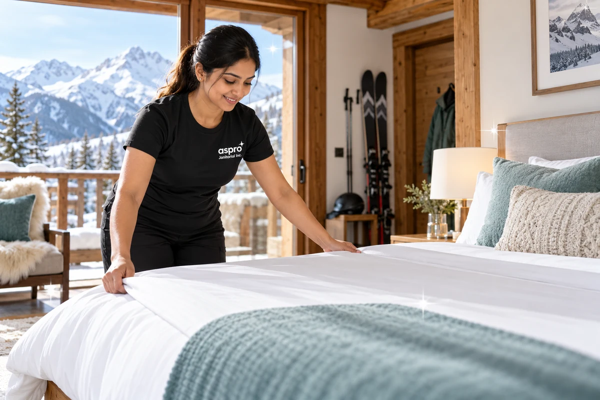 Ski chalet bedroom made up for guests, Revelstoke vacation rental cleaning