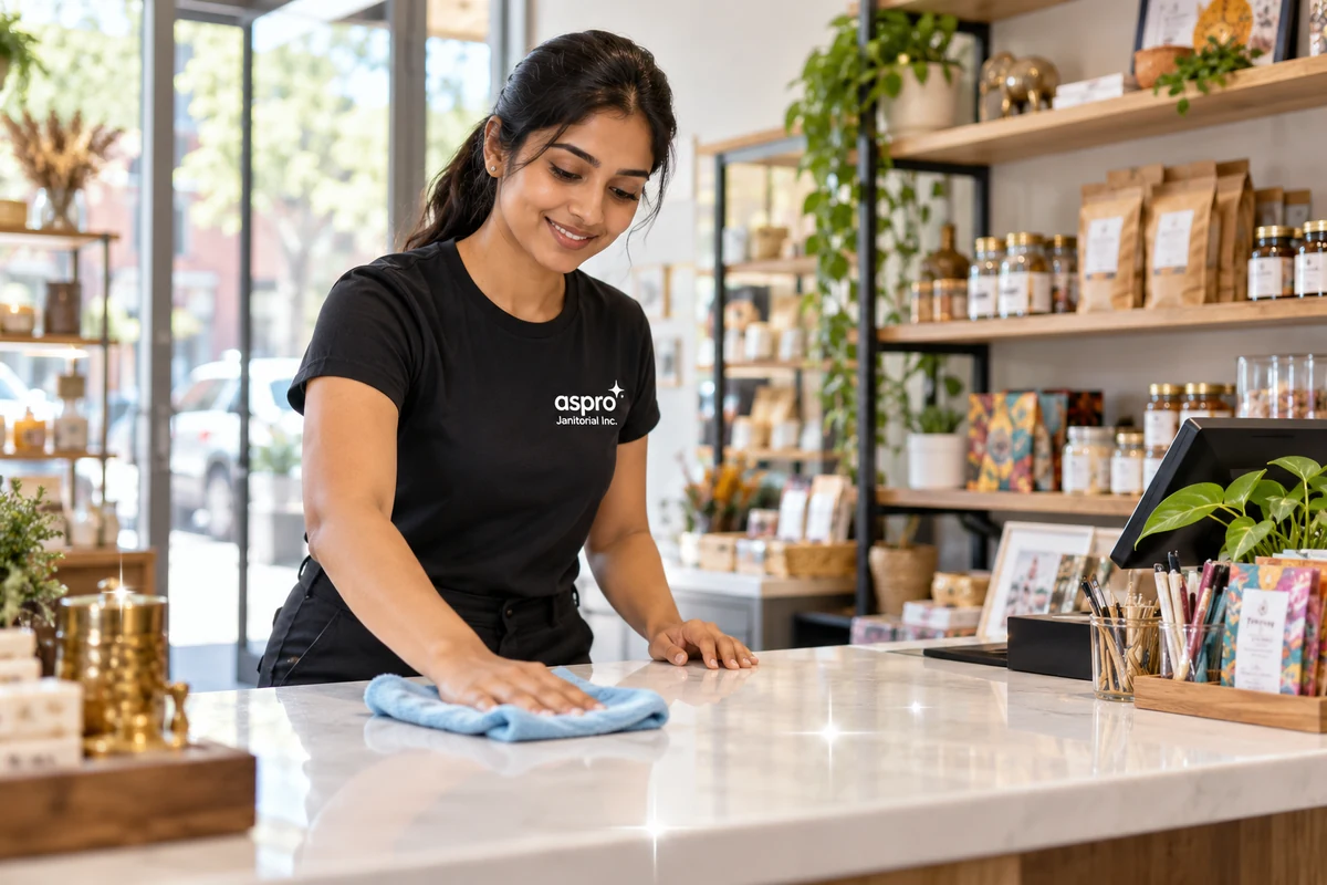 Cleaner wiping the counter of a small downtown shop in Salmon Arm