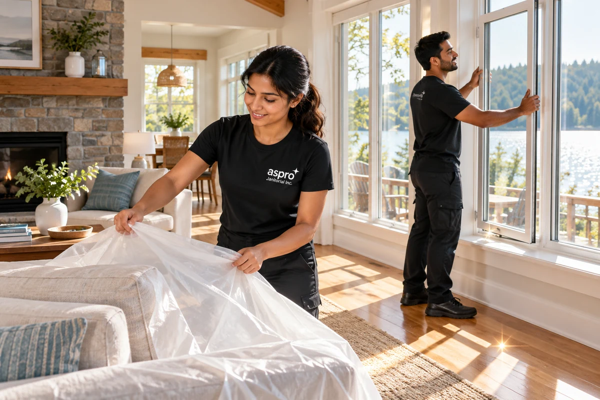 Seasonal cottage opening clean in the Shuswap, dust sheets coming off furniture