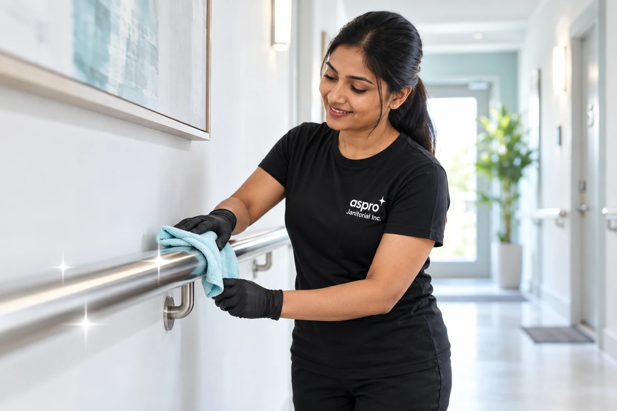 Strata hallway cleaning with a worker polishing a handrail