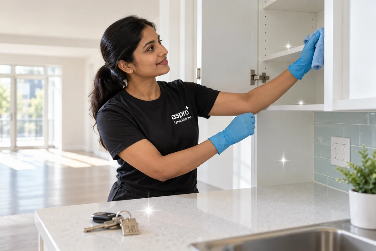Cleaner wiping inside an empty cupboard during move-out cleaning in Vernon