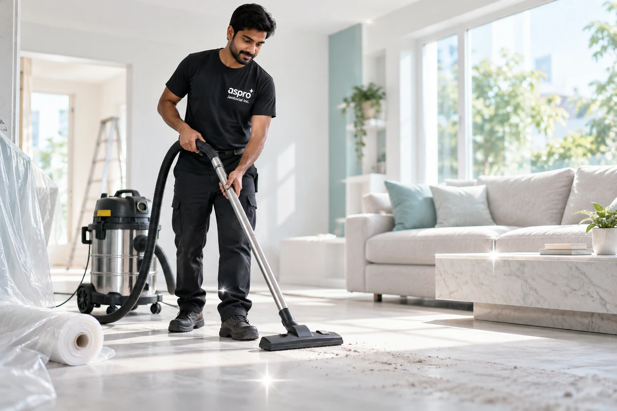 Cleaner vacuuming fine dust after a renovation in Vernon