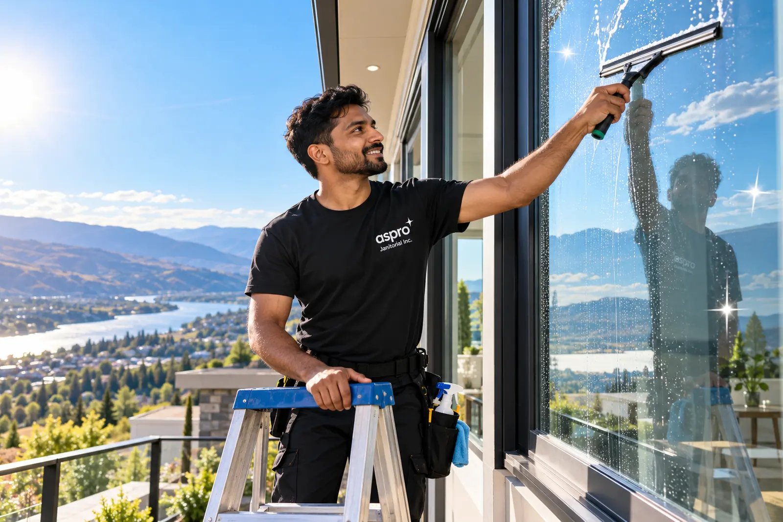 Cleaner on a ladder squeegeeing a house window in Kamloops